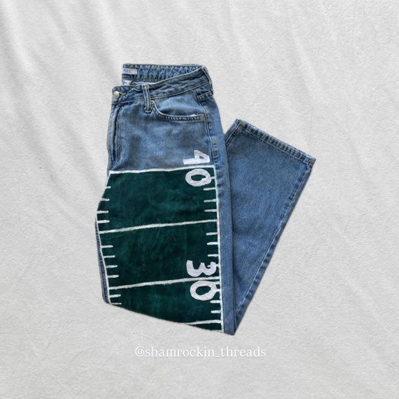 forest green white and blue hand painted football field jeans - Picture 1 of 16